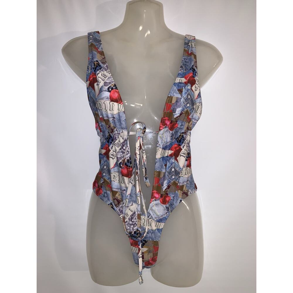 I.AM.GIA Zaley Multicolor Logo Print One Piece Swimsuit Size XS Cutout Detail - Picture 2 of 6